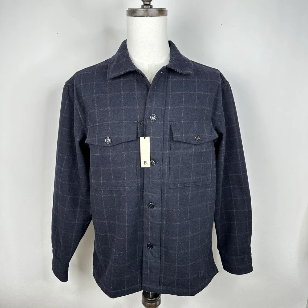 NWT Banana Republic Relaxed Fit Wool Blend Overshirt MEDIUM Navy Plaid Shirt‎